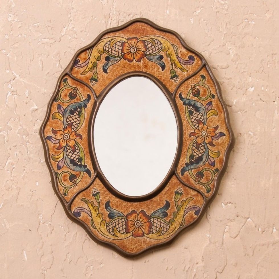 Brown Floral Reverse-Painted Glass Wall Mirror from Peru 'Caramel Colonial Wreath'