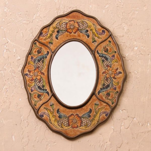 Alternate image for Brown Floral Reverse-Painted Glass Wall Mirror from Peru Caramel Colonial Wreath