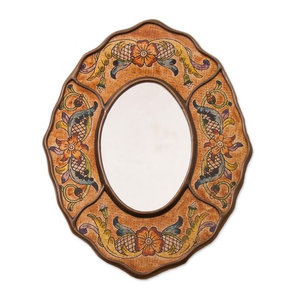 Alternate image for Brown Floral Reverse-Painted Glass Wall Mirror from Peru Caramel Colonial Wreath
