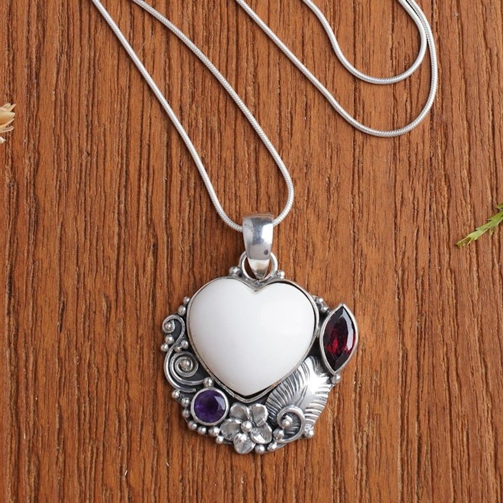 Amethyst and Garnet Heart-Themed Pendant Necklace 'Garden of Love'