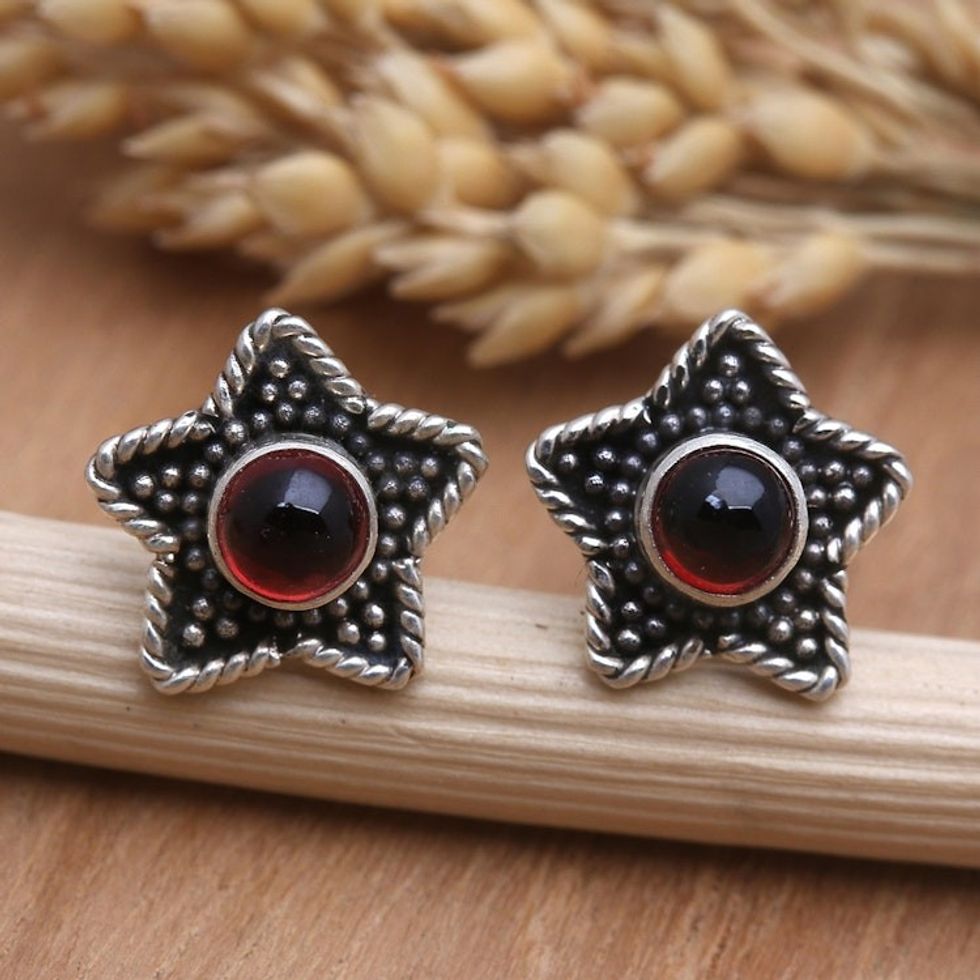 Handmade Garnet Stud Earrings with Star Motif 'Crimson Star'