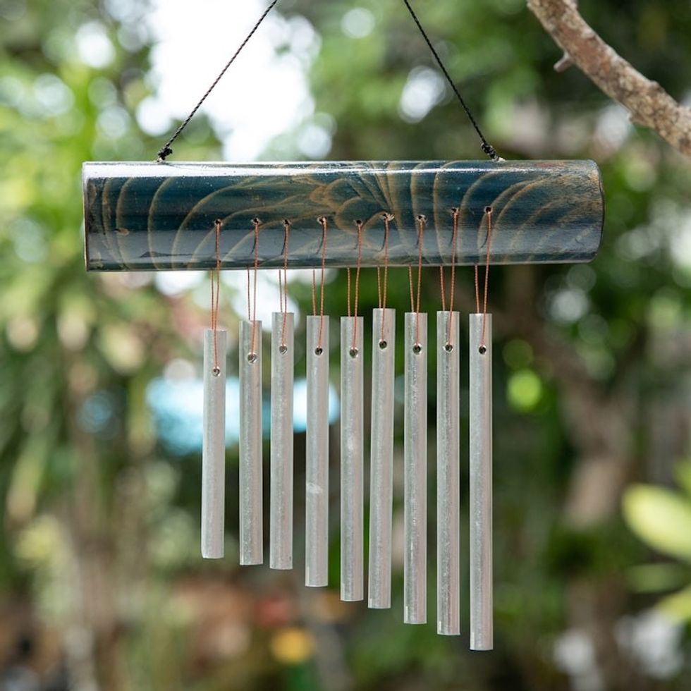 Bamboo Wind Chime in Blue with Nine Aluminum Pipes from Bali 'Early Morning Song in Blue'