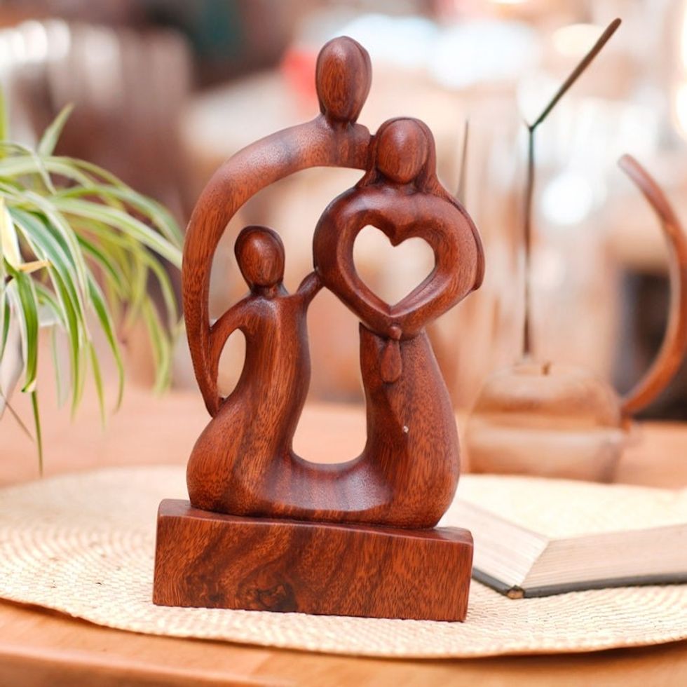 Hand-Carved Polished Abstract Wood Sculpture of a Family 'Modern Family'