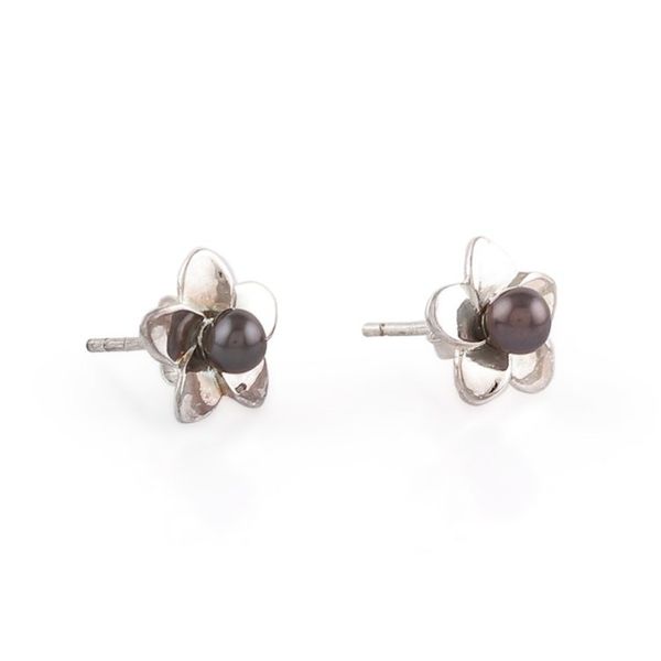 Alternate image for Rhodium-Plated Button Earrings with Grey Cultured Pearls Jasmine Puissance