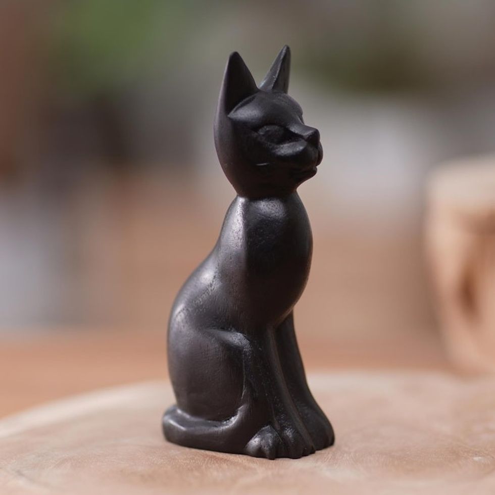 Black Cat Sculpture Hand-Carved from Jempinis Wood in Bali 'Cunning Black Cat'
