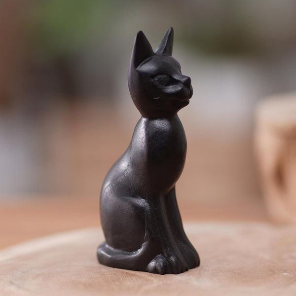 Alternate image for Black Cat Sculpture Hand-Carved from Jempinis Wood in Bali Cunning Black Cat