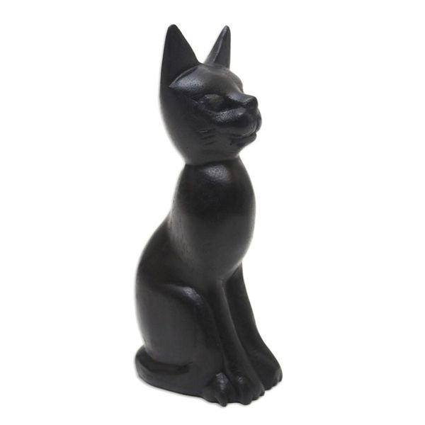 Alternate image for Black Cat Sculpture Hand-Carved from Jempinis Wood in Bali Cunning Black Cat