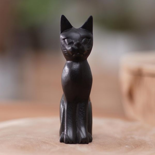 Alternate image for Black Cat Sculpture Hand-Carved from Jempinis Wood in Bali Cunning Black Cat