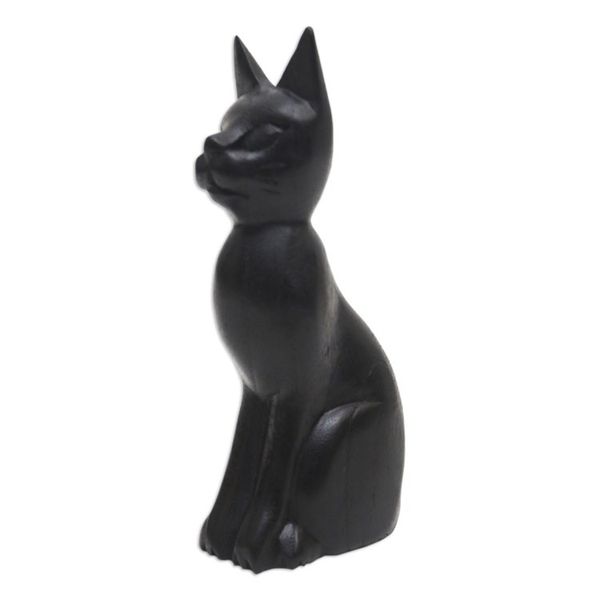 Alternate image for Black Cat Sculpture Hand-Carved from Jempinis Wood in Bali Cunning Black Cat