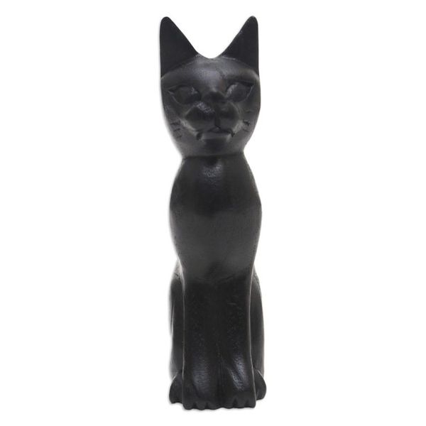 Alternate image for Black Cat Sculpture Hand-Carved from Jempinis Wood in Bali Cunning Black Cat