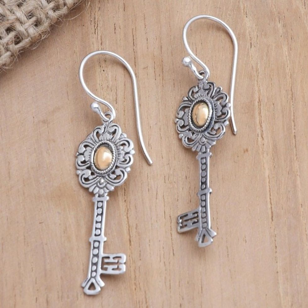 Gold-Accented Sterling Silver Key-Motif Dangle Earrings 'Unlock'