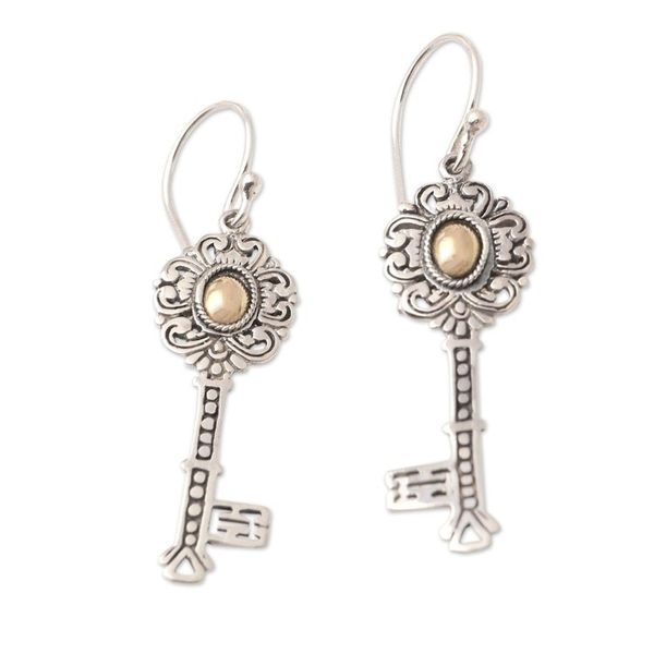 Alternate image for Gold-Accented Sterling Silver Key-Motif Dangle Earrings Unlock