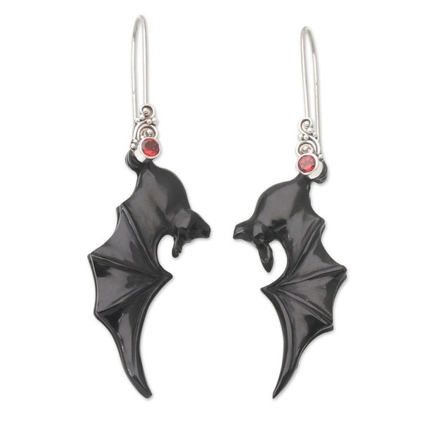 Alternate image for Black Garnet and Sterling Silver Dangle Earrings with Bats Nocturnal Passion