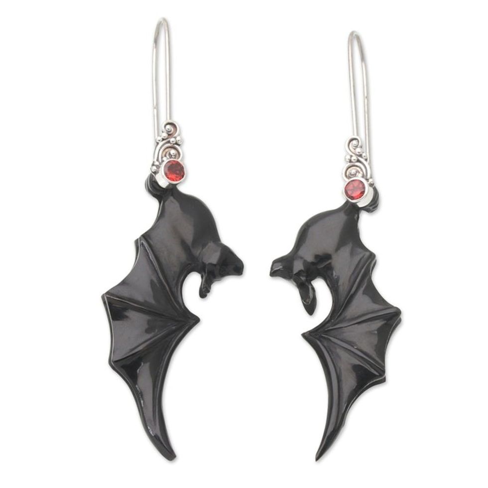 Black Garnet and Sterling Silver Dangle Earrings with Bats 'Nocturnal Passion'
