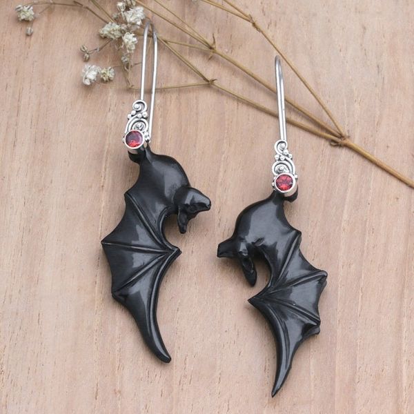 Alternate image for Black Garnet and Sterling Silver Dangle Earrings with Bats Nocturnal Passion
