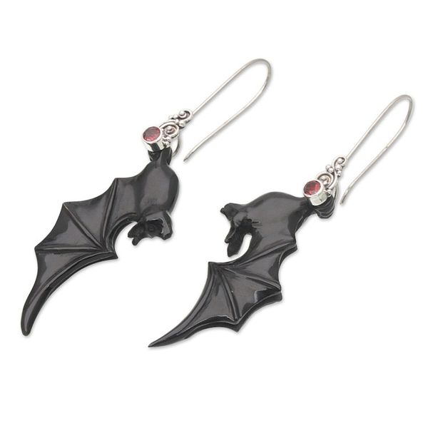 Alternate image for Black Garnet and Sterling Silver Dangle Earrings with Bats Nocturnal Passion