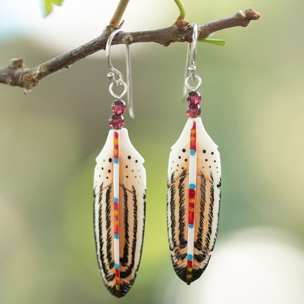 Feather-Shaped Hand-Painted Dangle Earrings with Garnet Gems 'Feathered Passion'