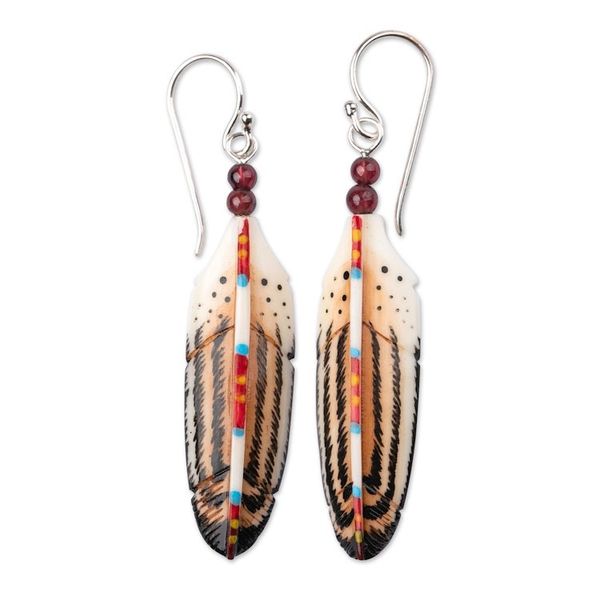 Alternate image for Feather-Shaped Hand-Painted Dangle Earrings with Garnet Gems Feathered Passion