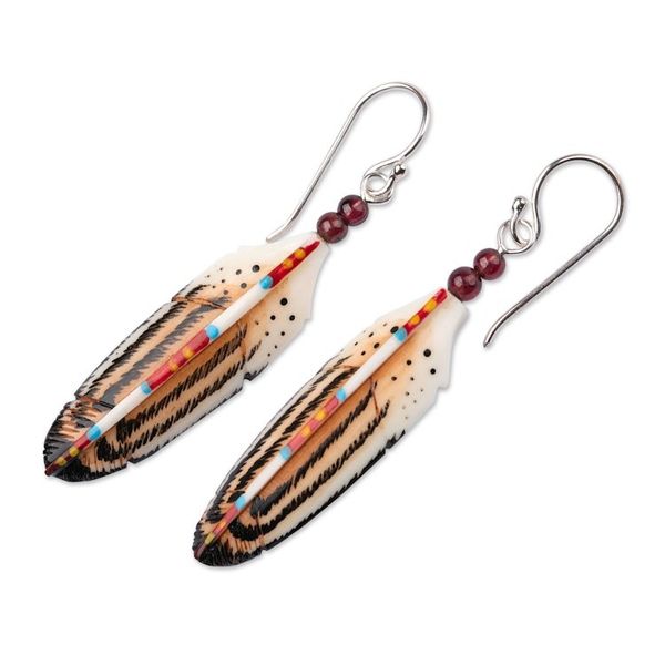 Alternate image for Feather-Shaped Hand-Painted Dangle Earrings with Garnet Gems Feathered Passion