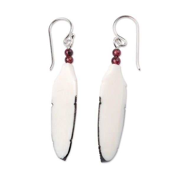 Alternate image for Feather-Shaped Hand-Painted Dangle Earrings with Garnet Gems Feathered Passion