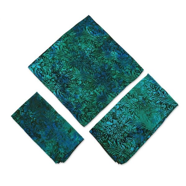 Alternate image for 3 Upcycled Green and Blue Batik Furoshiki-Style Gift Wraps Green Leaf
