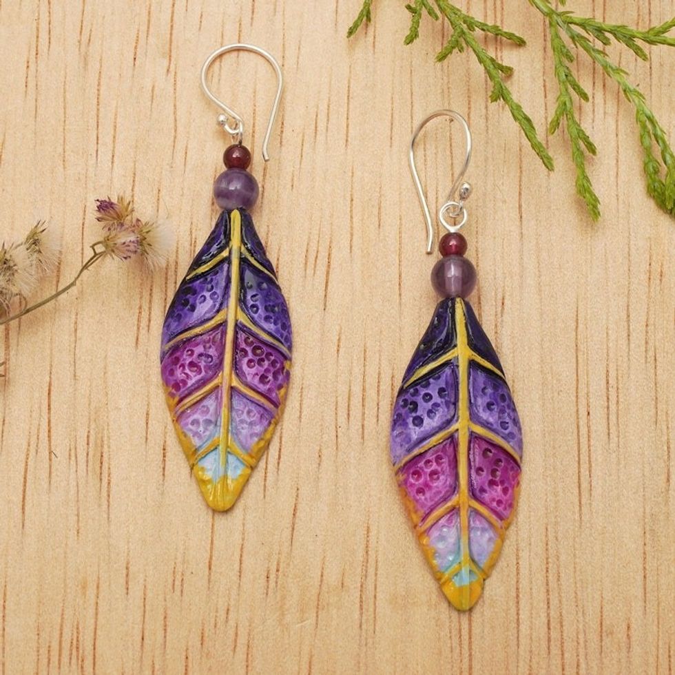 Hand-Carved Silver Amethyst and Garnet Leaf Dangle Earrings 'Fairy Leaves'