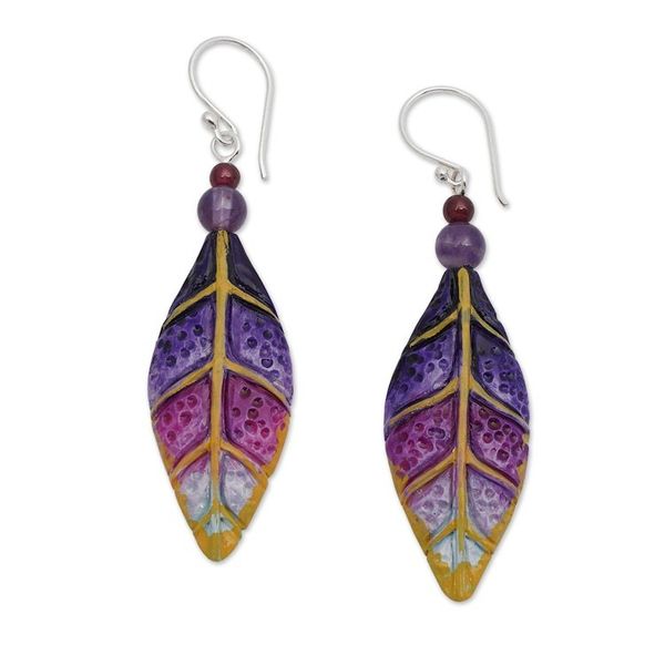 Alternate image for Hand-Carved Silver Amethyst and Garnet Leaf Dangle Earrings Fairy Leaves