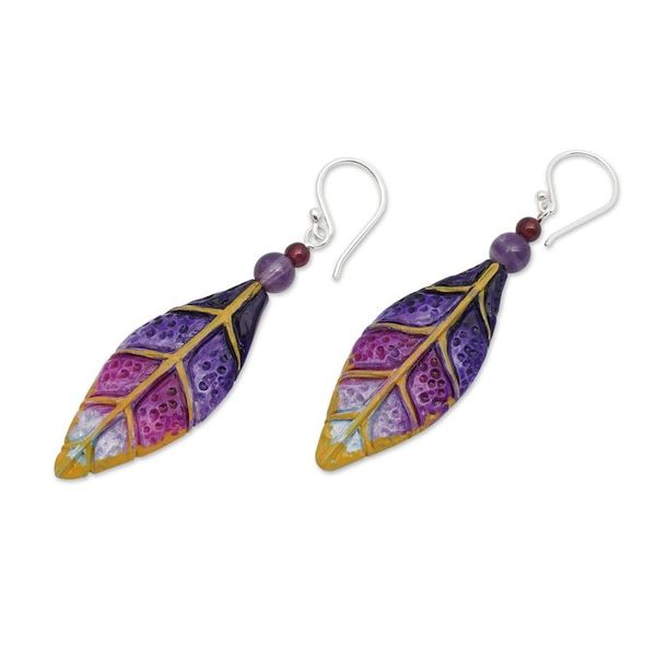 Alternate image for Hand-Carved Silver Amethyst and Garnet Leaf Dangle Earrings Fairy Leaves