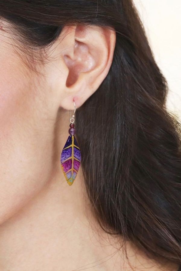 Alternate image for Hand-Carved Silver Amethyst and Garnet Leaf Dangle Earrings Fairy Leaves