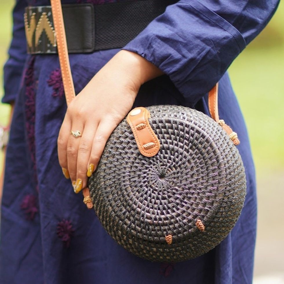 Bamboo Sling Bag with Faux Leather Accents 'Rally Round in Black'