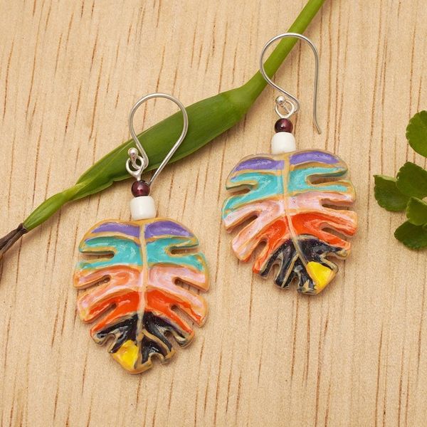 Alternate image for Painted Carved Monstera Leaf Garnet Silver Dangle Earrings Colorful Monstera
