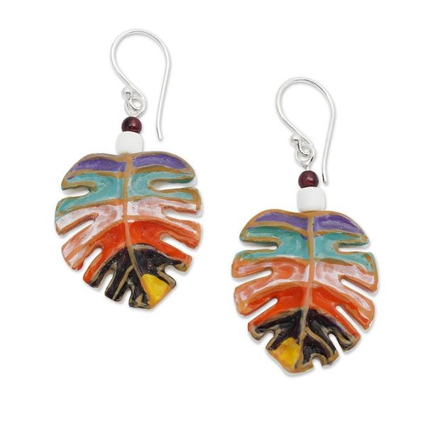 Alternate image for Painted Carved Monstera Leaf Garnet Silver Dangle Earrings Colorful Monstera