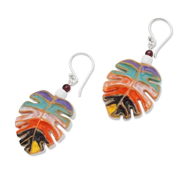 Alternate image for Painted Carved Monstera Leaf Garnet Silver Dangle Earrings Colorful Monstera