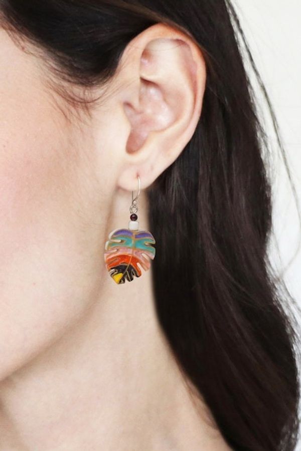 Alternate image for Painted Carved Monstera Leaf Garnet Silver Dangle Earrings Colorful Monstera