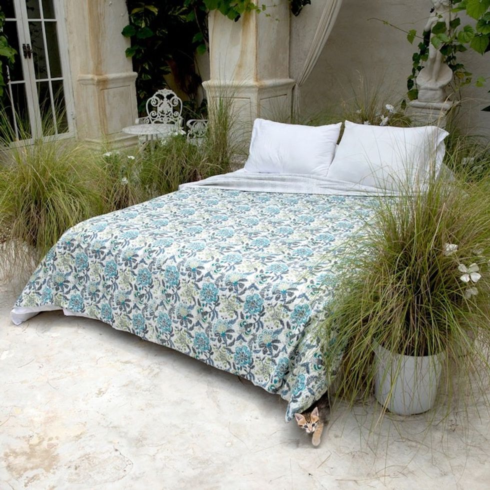 Kantha-Embroidered Cotton Queen Bedspread with Floral Print 'Kalamkari Garden'