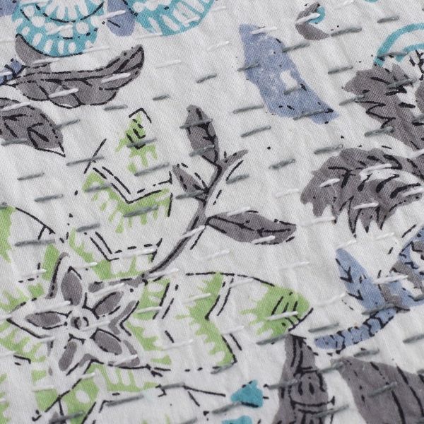 Alternate image for Kantha-Embroidered Cotton Queen Bedspread with Floral Print Kalamkari Garden