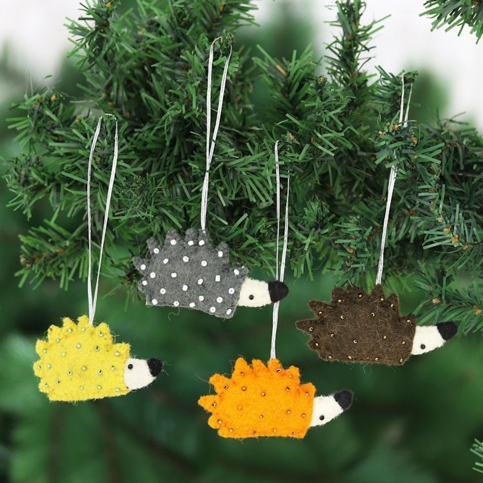 Playful Porcupine Wool Felt Ornaments Set of 4 'Playful Porcupines'