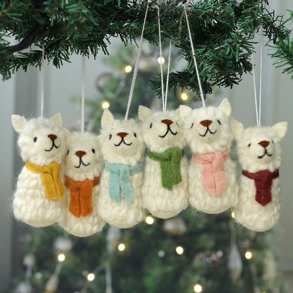 Animal-Themed Set of 6 Assorted Wool Felt Lamb Ornaments 'Cuddly Lambs'