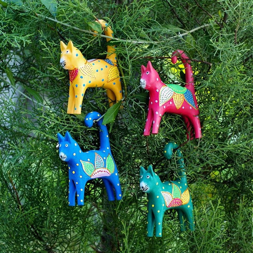Set of 4 Hand-Painted Wooden Cat-Themed Christmas Ornaments 'Cat Tails'