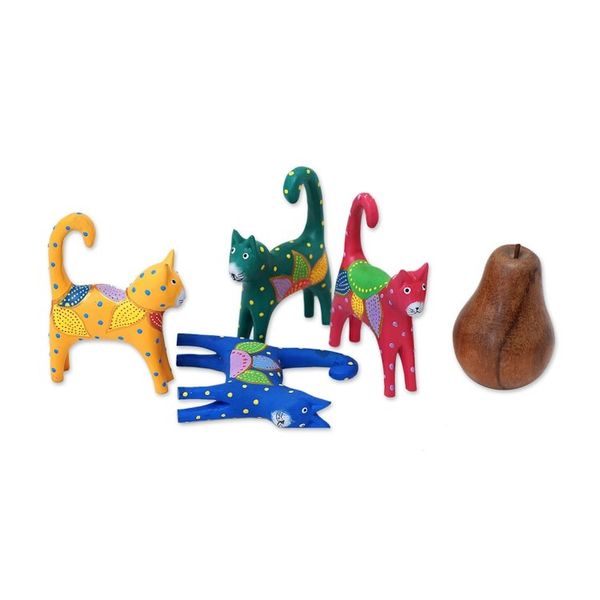 Alternate image for Set of 4 Hand-Painted Wooden Cat-Themed Christmas Ornaments Cat Tails
