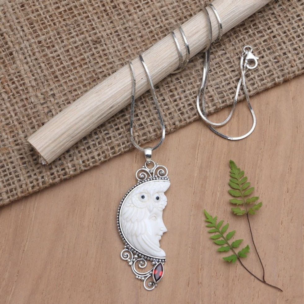 Artisan Crafted Sterling Silver Necklace with Garnet 'Snowy Owl'