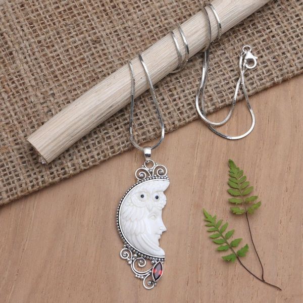 Alternate image for Artisan Crafted Sterling Silver Necklace with Garnet Snowy Owl