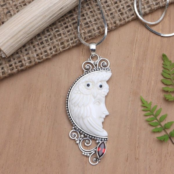 Alternate image for Artisan Crafted Sterling Silver Necklace with Garnet Snowy Owl