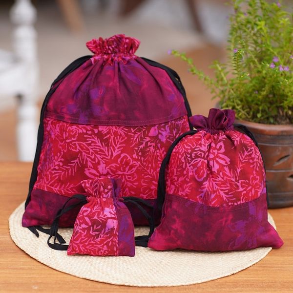 Alternate image for 3 Upcycled Reusable Batik Drawstring Gift Pouches in Red Cheerful Red