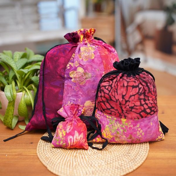 Alternate image for 3 Upcycled Reusable Batik Drawstring Gift Pouches in Red Cheerful Red
