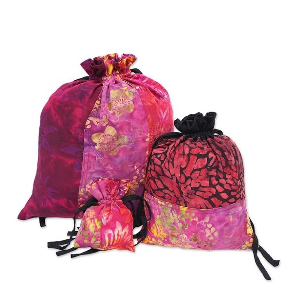 Alternate image for 3 Upcycled Reusable Batik Drawstring Gift Pouches in Red Cheerful Red