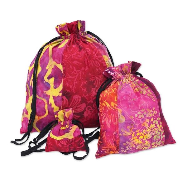 Alternate image for 3 Upcycled Reusable Batik Drawstring Gift Pouches in Red Cheerful Red