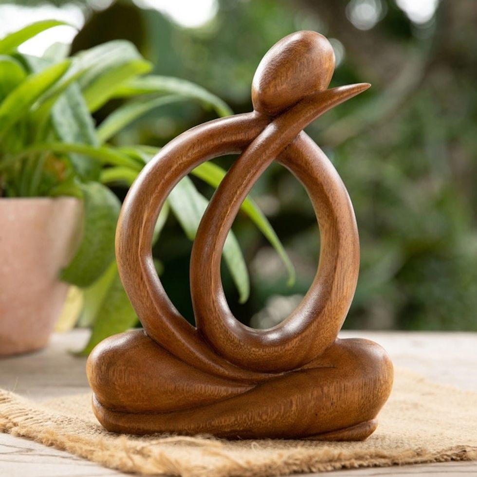 Modern Hand-Carved Suar Wood Sculpture of Abstract Person 'Imagination'