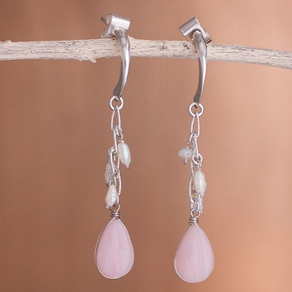 Pearl and Pink Opal Dangle Earrings from Peru 'Sweet Perfection'