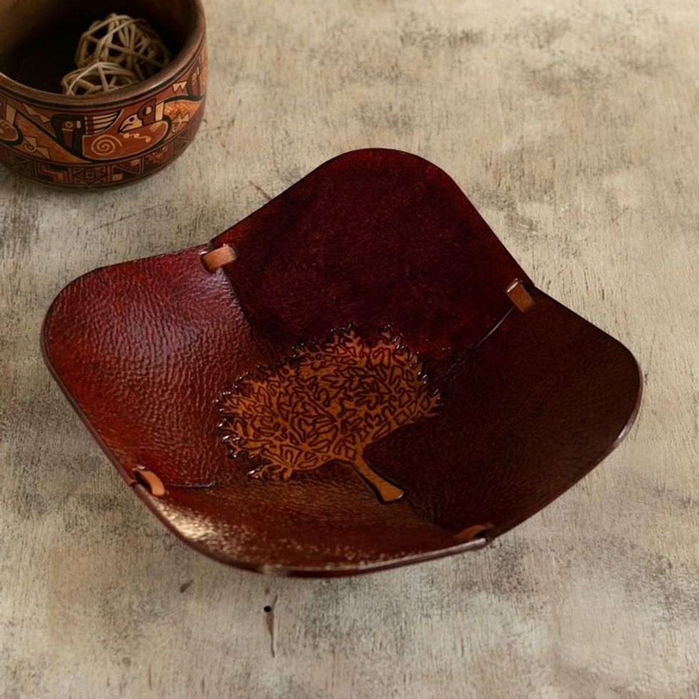 Brown Tree Motif Hand Tooled Leather Catchall from Peru 'Blooming Tree'